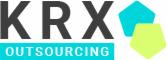 Logo firmy KRX Outsourcing z czarnym napisem KRX, turkusowym napisem OUTSOURCING i dwoma wielokątami w odcieniach turkusu i limonki.