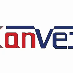 Graficzne logo 'KanVex' z elementami miarki i kwadratowego pierwiastka, w czerwono-niebieskiej kolorystyce na białym tle.