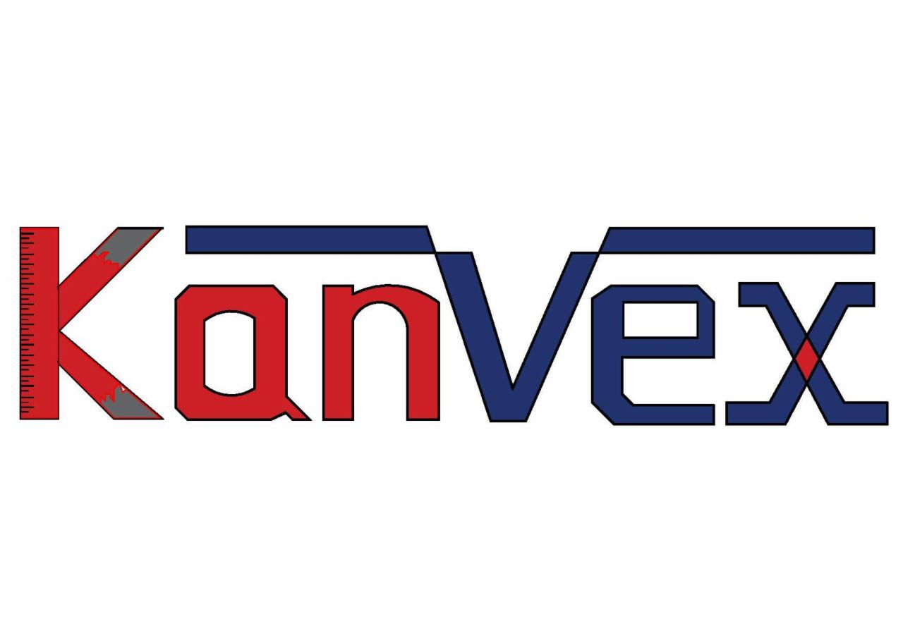 Graficzne logo 'KanVex' z elementami miarki i kwadratowego pierwiastka, w czerwono-niebieskiej kolorystyce na białym tle.