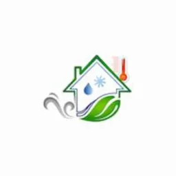 Ikona domu z elementami symbolizującymi ogrzewanie, chłodzenie i wentylację: kropla wody, płatek śniegu, liść, termometr i wiatr.