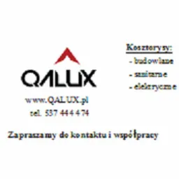 Wizytówka firmy QALLUX z logo i informacjami kontaktowymi, oferującej kosztorysy budowlane, sanitarne i elektryczne.
