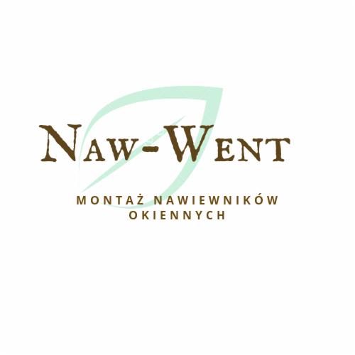 Logo firmy Naw-Went specjalizującej się w montażu nawiewników okiennych, z elementem graficznym przypominającym liść w tle.
