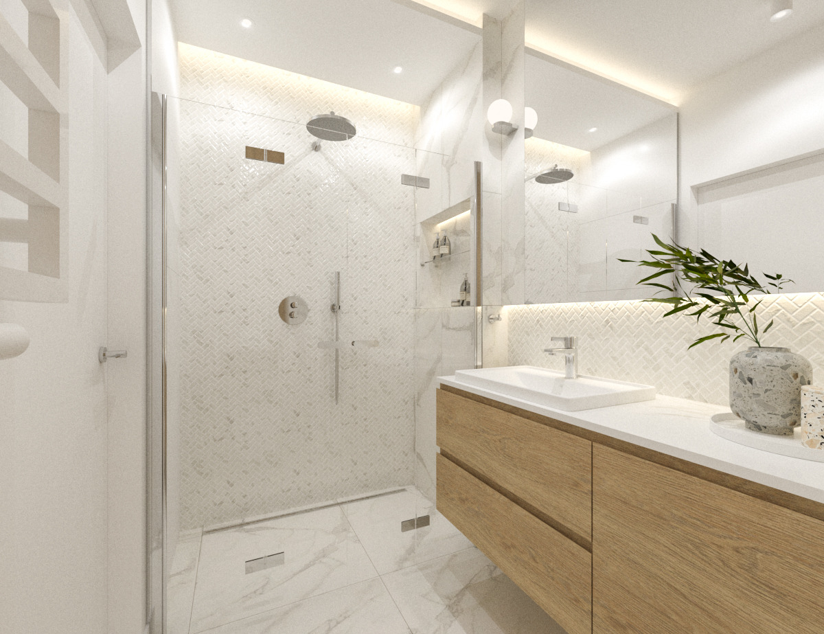 Nowoczesna łazienka w jasnych barwach z kabiną prysznicową typu walk-in, umywalką nablatową na drewnianej szafce i rośliną doniczkową jako element dekoracyjny.