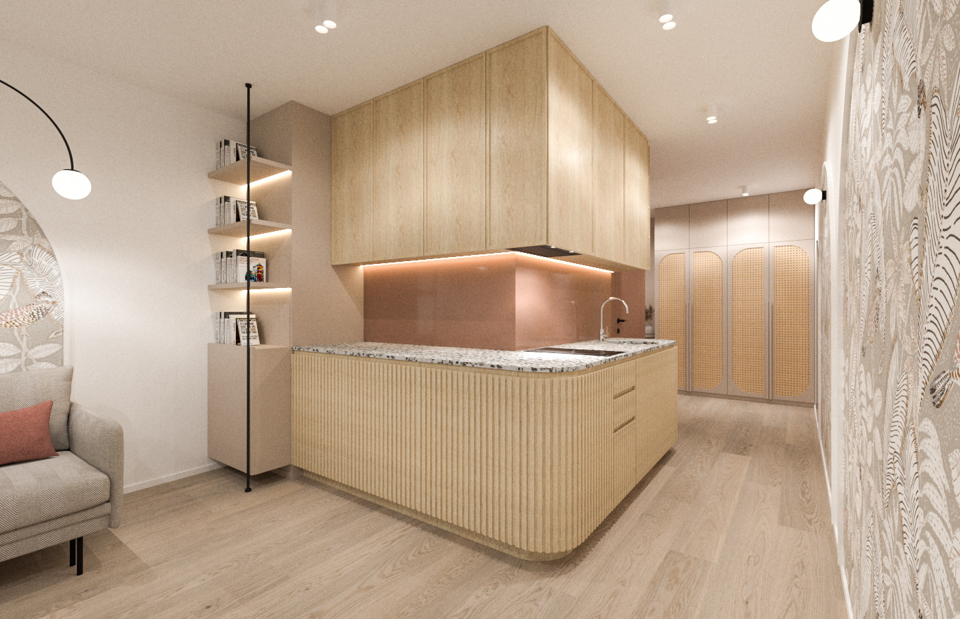 Wizualizacja nowoczesnej kuchni z drewnianymi szafkami, blatem z lastryko i różowym panelem ściennym, uzupełniona o regał z podświetlanymi półkami i fotel w salonie.