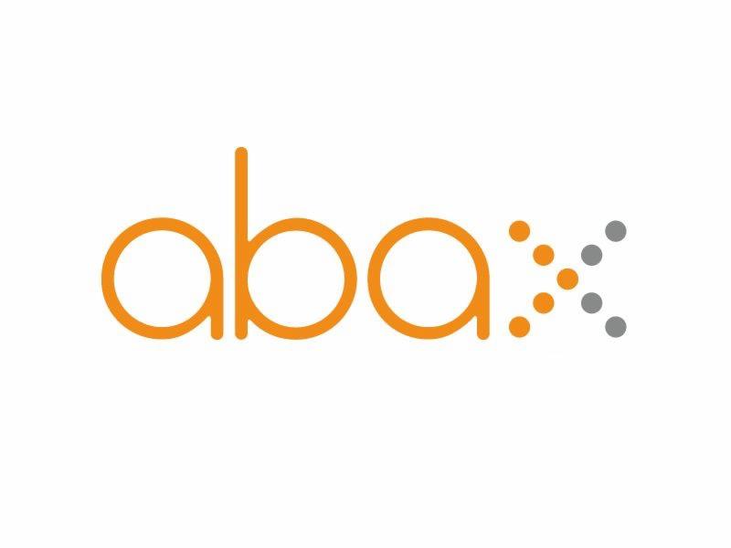 Pomarańczowo-szare logo firmy 'abax' z elementami graficznymi kropek, na białym tle.