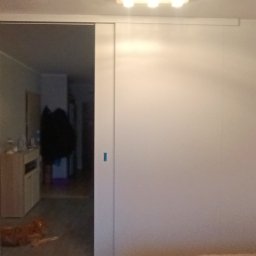 SADEX Meble na wymiar Waldemar Sadowski - Biała szafa przesuwna wnękowa z widocznym wnętrzem pokoju, leżącym psem i półkami z rośliną doniczkową.