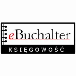 Logo firmy eBuchalter z napisem 'KSIĘGOWOŚĆ' w czarnej ramce, nazwa firmy z czerwonym podkreśleniem litery 'e', po lewej stronie symbol notatnika.