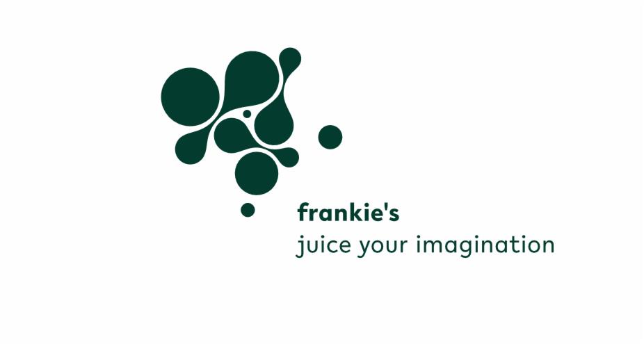 Logo firmy 'frankie's juice your imagination' z Poznania, przedstawiające abstrakcyjny kształt z zielonych kropli.