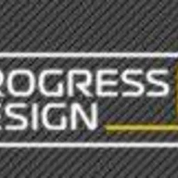 Logo firmy Progress Design z motywem domu w kolorze złotym na szarym tle z diagonalnymi liniami.