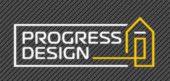 Logo firmy Progress Design z motywem domu w kolorze złotym na szarym tle z diagonalnymi liniami.