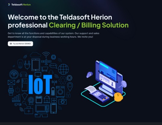 Ilustracja przedstawiająca interfejs oprogramowania Teldasoft Herion (Cloud Billing) z elementami graficznymi symbolizującymi IoT i proces płatności online, takimi jak monitor, karta kredytowa...