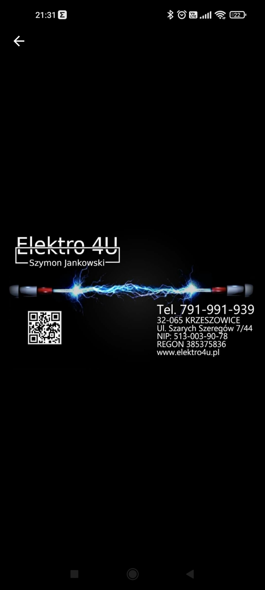 Logo firmy Elektro 4U z Krzeszowic, z adresem i numerem telefonu, stylizowane na wyładowanie elektryczne.