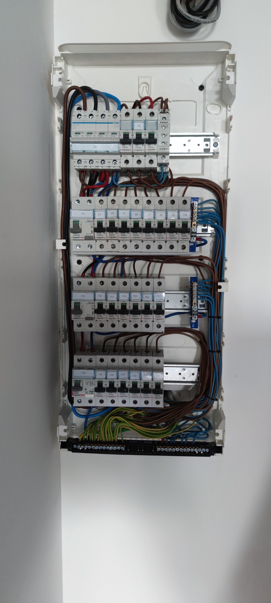 Otwarta skrzynka rozdzielcza z zamontowanymi bezpiecznikami, widoczne brązowe, niebieskie, zielono-żółte przewody oraz listwa zaciskowa na dole.