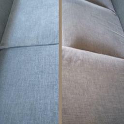 Nadiia Golyk - Porównanie: Po lewej fragment szarej kanapy po czyszczeniu, po prawej ten sam fragment przed czyszczeniem, widoczna wyraźna różnica w kolorze i czystości materiału.