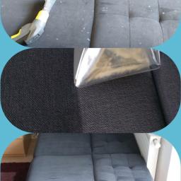 Nadiia Golyk - Czyszczenie tapicerki kanapy: widoczna różnica między brudną i wyczyszczoną częścią, z użyciem odkurzacza piorącego z przezroczystą końcówką, ukazującą zbierany brud.