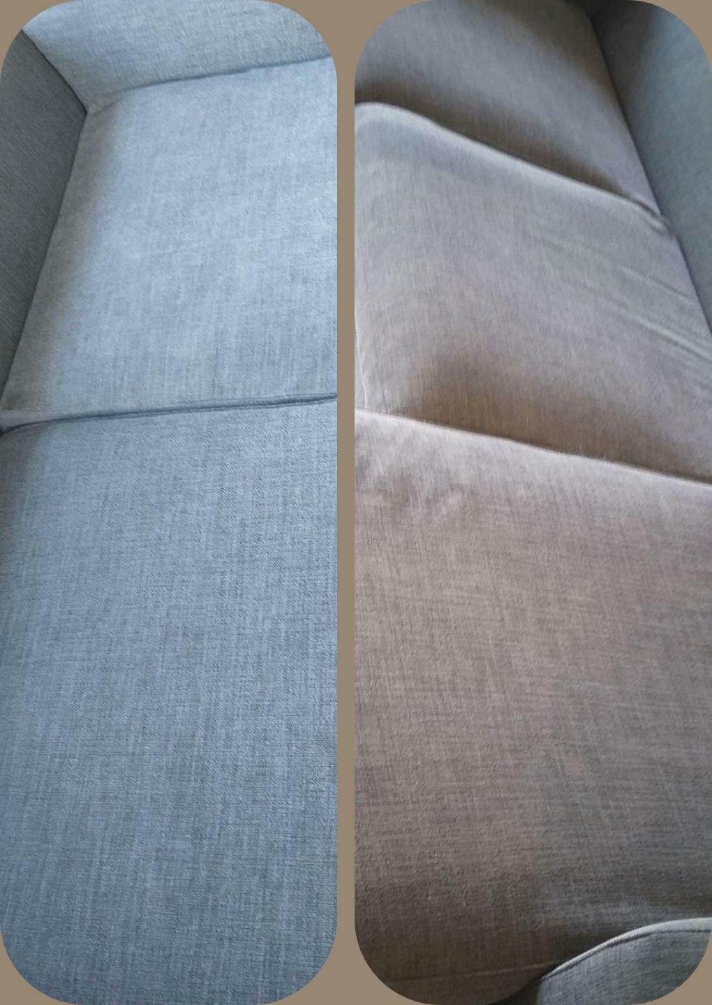 Porównanie: Po lewej fragment szarej kanapy po czyszczeniu, po prawej ten sam fragment przed czyszczeniem, widoczna wyraźna różnica w kolorze i czystości materiału.