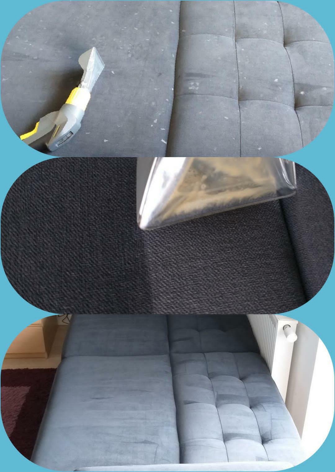 Czyszczenie tapicerki kanapy: widoczna różnica między brudną i wyczyszczoną częścią, z użyciem odkurzacza piorącego z przezroczystą końcówką, ukazującą zbierany brud.