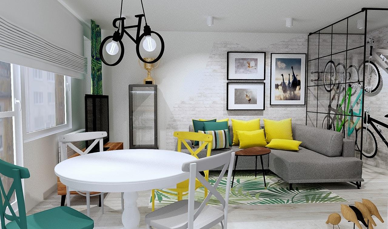 Wizualizacja jasnego wnętrza z okrągłym białym stołem, szarą sofą z żółtymi poduszkami i lampą w kształcie roweru.