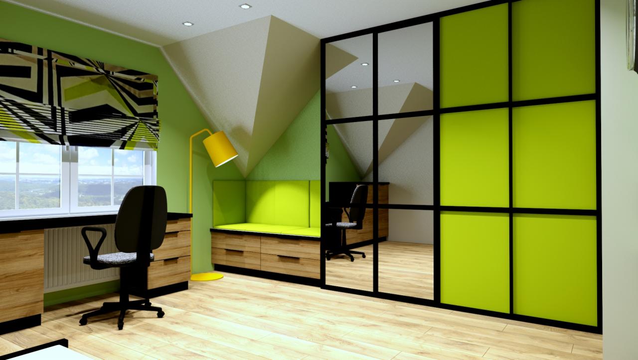 Wnętrze pokoju z biurkiem przy oknie, zieloną ścianą, żółtą lampą i szafą przesuwną z czarnymi ramami i zielonymi panelami.