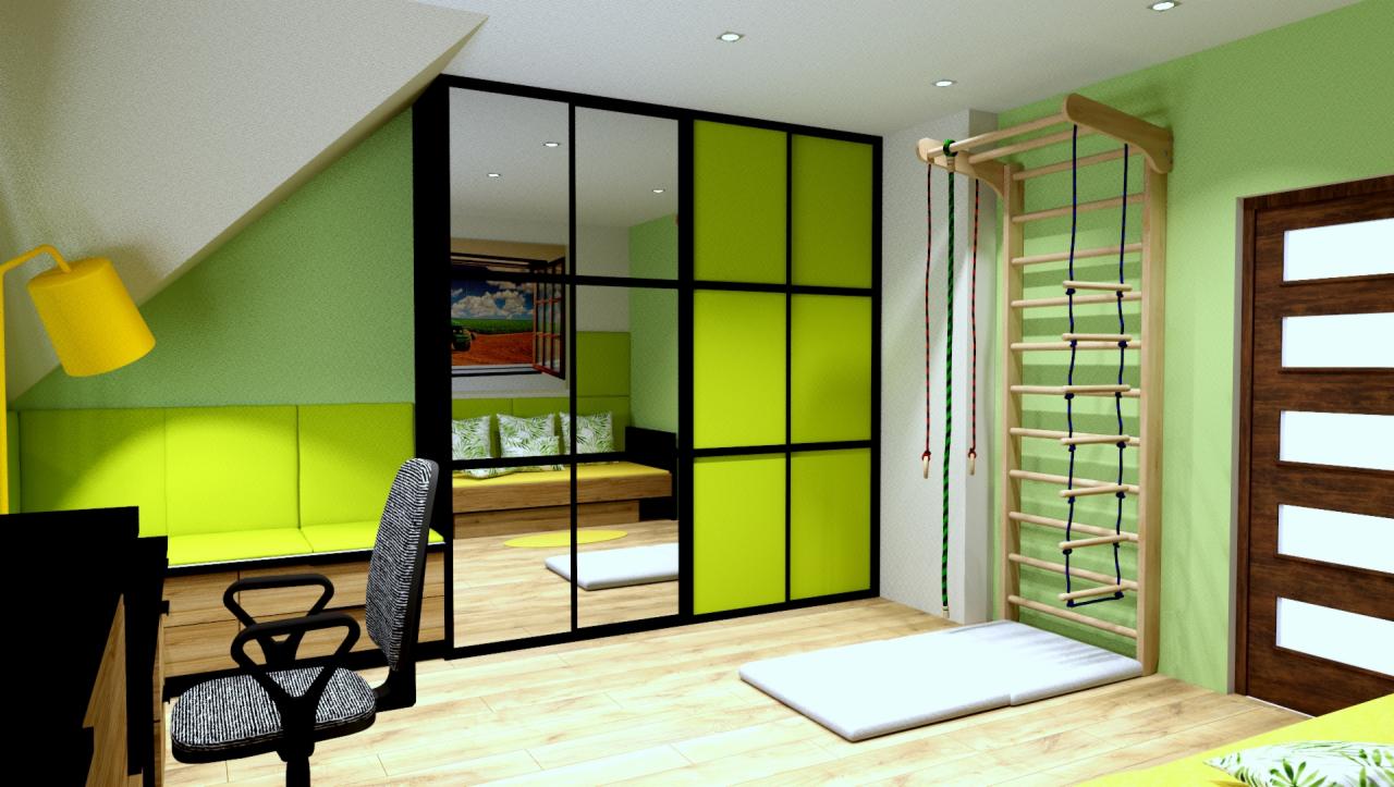 Pokój dziecięcy z zielonymi akcentami: zabudowa z lustrami i panelami, drabinka gimnastyczna, biurko z krzesłem, poduszki i materac.
