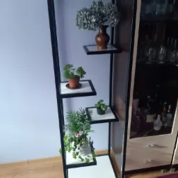 Spawana, czarna, metalowa konstrukcja regału z asymetrycznie rozmieszczonymi półkami, na których stoją rośliny doniczkowe i wazon z kwiatami.