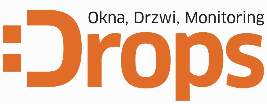 Pomarańczowe logo firmy 'Drops' z napisem 'Okna, Drzwi, Monitoring' na białym tle.