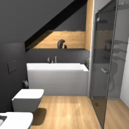 Wizualizacja nowoczesnej łazienki na poddaszu z czarnymi ścianami, drewnianą podłogą i białą armaturą: wanna, toaleta i bidet obok przeszklonej kabiny prysznicowej.