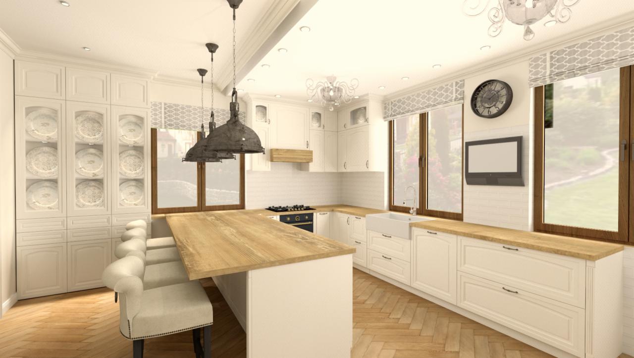 Jasna kuchnia w stylu rustykalnym z drewnianym blatem, wyspą i krzesłami barowymi, oświetlona trzema wiszącymi lampami z metalowymi kloszami oraz żyrandolem.