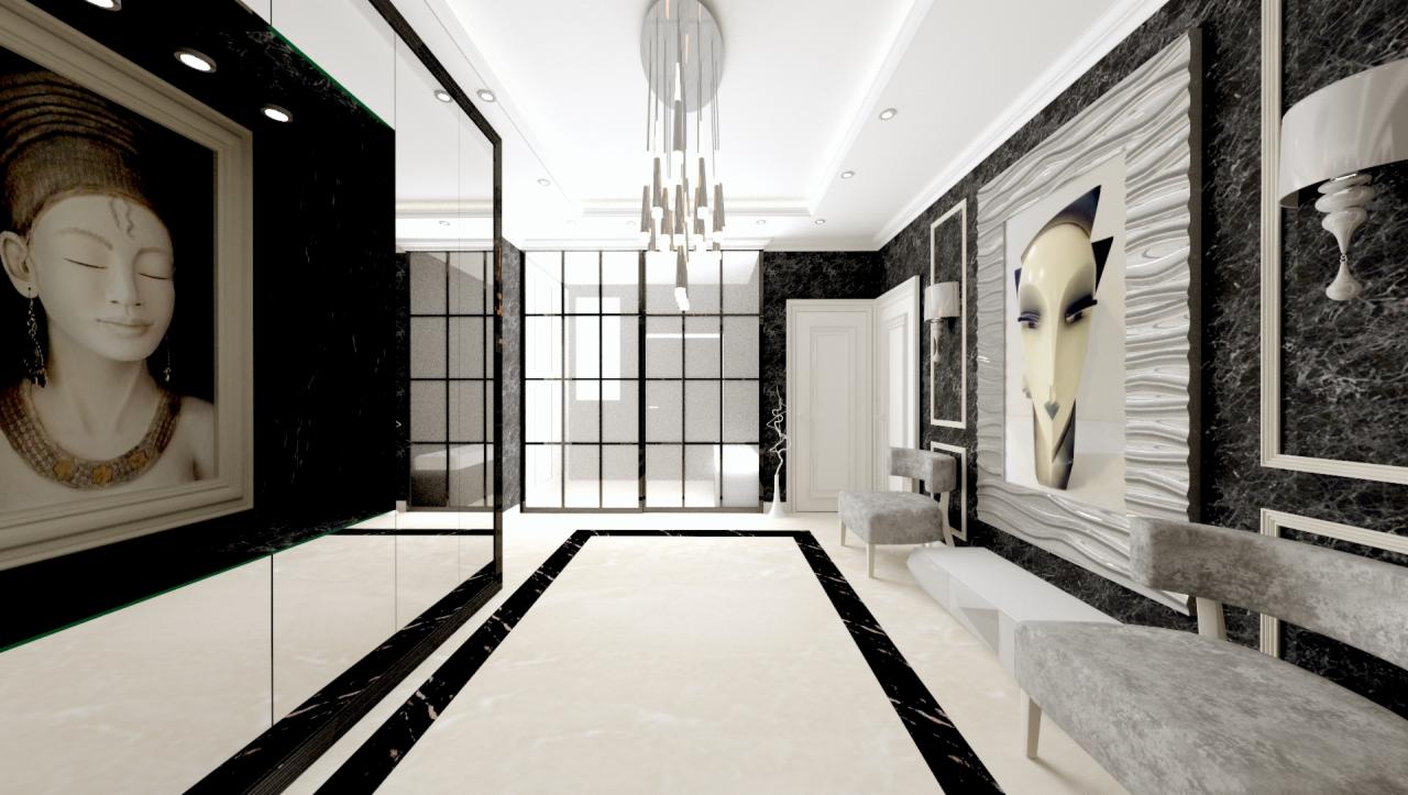 Elegancki korytarz w odcieniach bieli i czerni z marmurowymi ścianami, nowoczesnym oświetleniem wiszącym, geometryczną podłogą i abstrakcyjnymi portretami na ścianach.