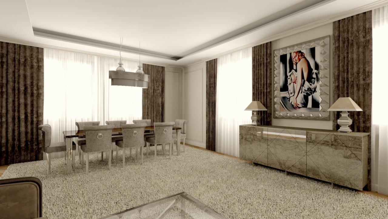 Elegancka jadalnia w odcieniach beżu i brązu z długim stołem, krzesłami z ozdobnymi oparciami, marmurową komodą, lampami stołowymi i obrazem w dekoracyjnej ramie.
