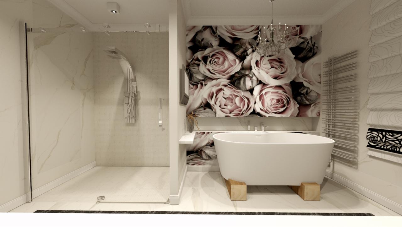 Nowoczesna łazienka z wolnostojącą wanną na drewnianych podkładkach, przeszkloną kabiną prysznicową i tapetą w kwiaty róży oraz ozdobnym grzejnikiem.