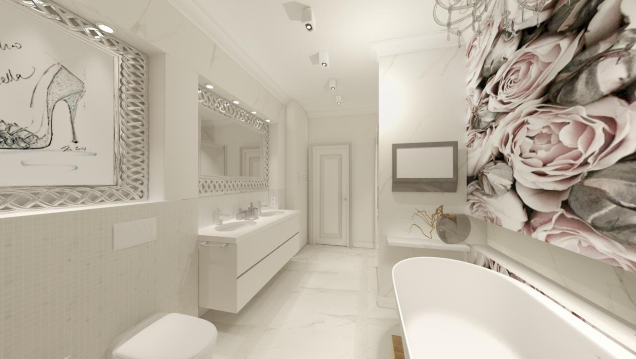 Elegancka, biała łazienka z marmurowymi płytkami, ozdobnym lustrem, grafiką szpilki w ramie i tapetą w kwiaty, prezentująca nowoczesny design.