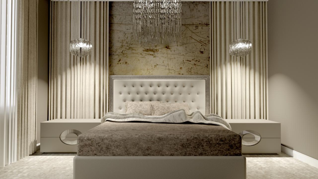 Elegancka sypialnia z dużym łóżkiem z pikowanym zagłówkiem, kryształowym żyrandolem i lampami wiszącymi, beżowe zasłony i szafki nocne z okrągłymi wycięciami.