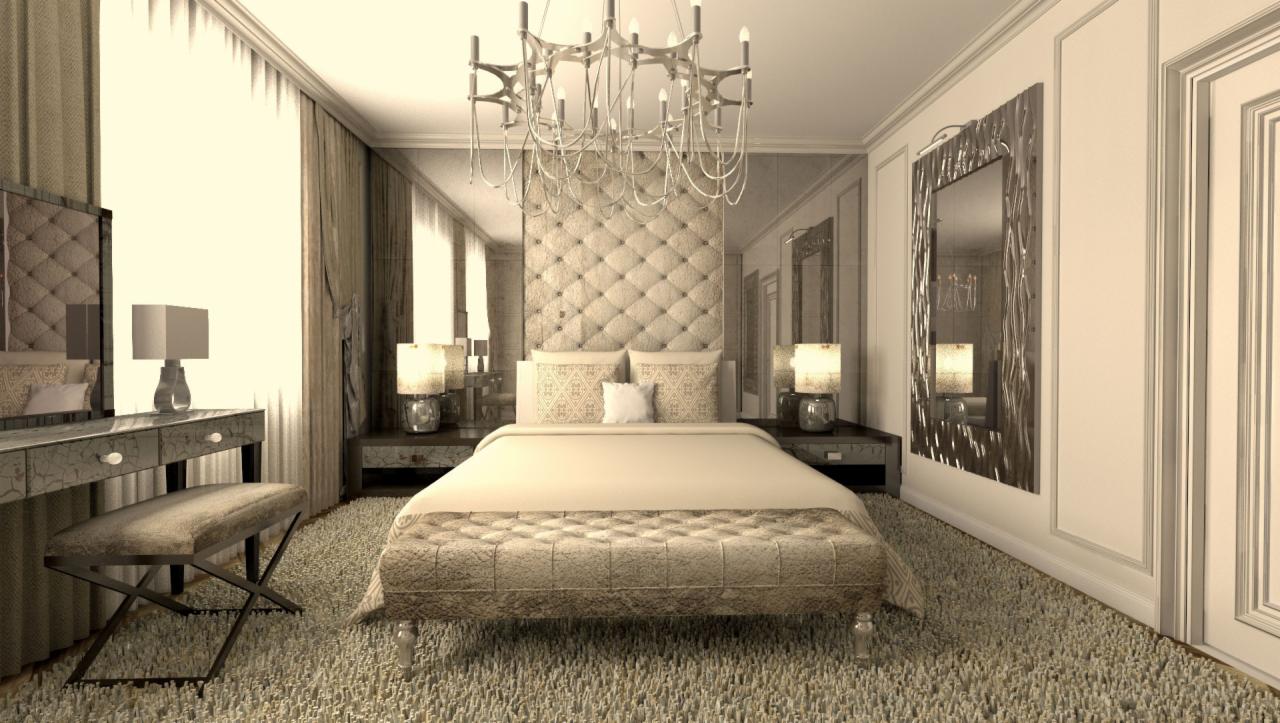 Elegancka sypialnia w odcieniach beżu z pikowanym zagłówkiem, kryształowym żyrandolem i toaletką z pufą.