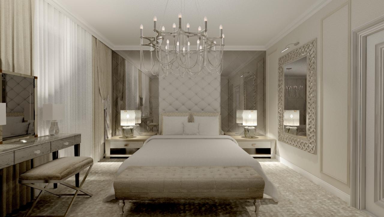 Elegancka sypialnia w odcieniach bieli i beżu z pikowanym zagłówkiem, kryształowym żyrandolem i toaletką z pufą.