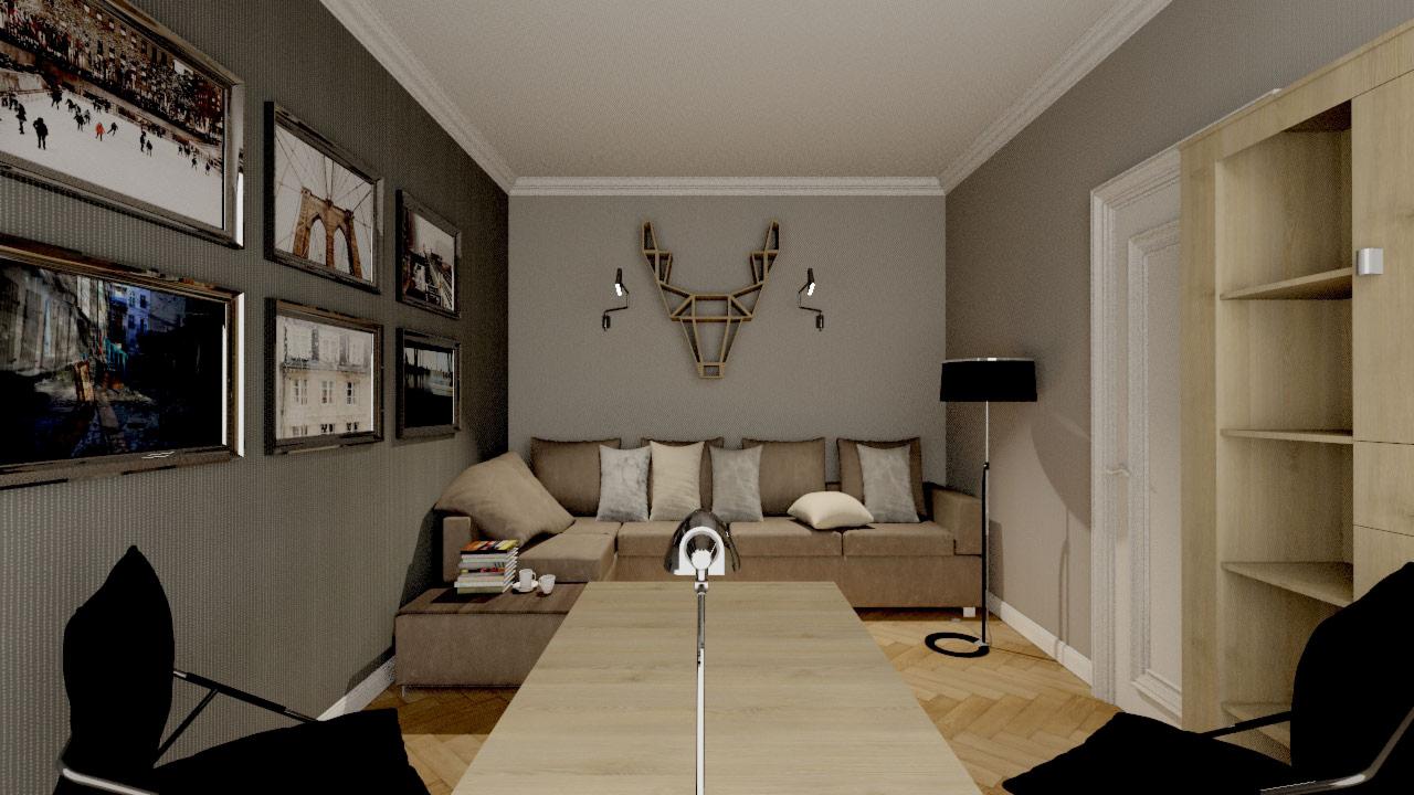 Wizualizacja salonu z beżową sofą, drewnianym stołem i dekoracją ścienną w kształcie głowy jelenia, oświetlona lampą podłogową i stołową, z galerią obrazów na ścianie.