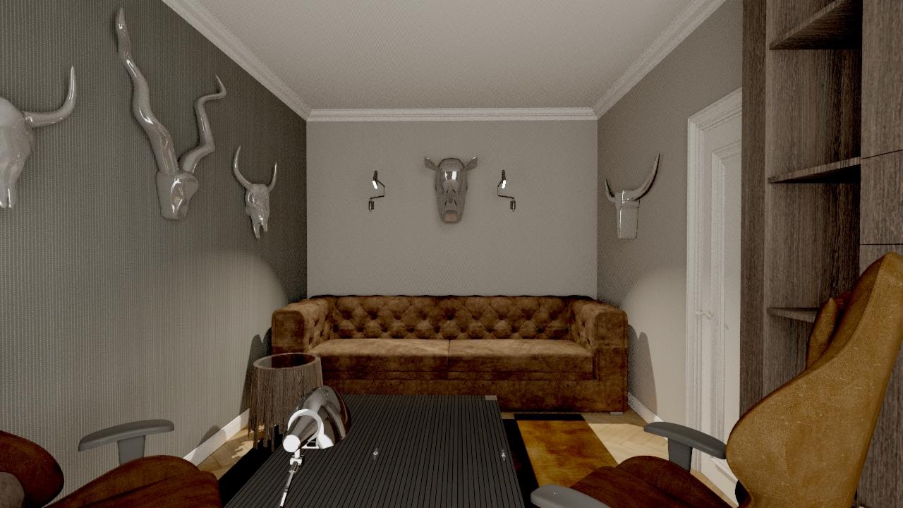 Wizualizacja biura z brązową sofą Chesterfield, czarnym stołem i krzesłami z brązowej skóry, dekoracje ścienne w postaci metalowych głów zwierząt.