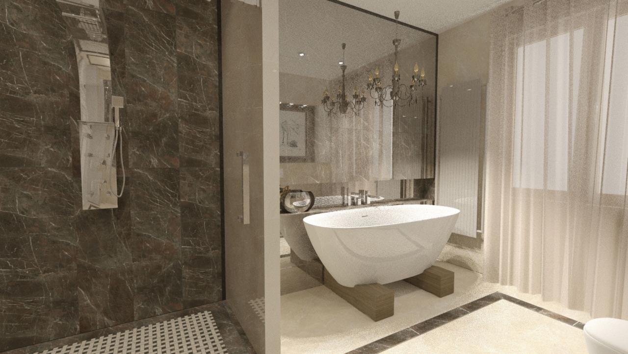 Elegancka łazienka z wolnostojącą wanną na drewnianych podporach, marmurową ścianą prysznicową i kryształowym żyrandolem odbijającym się w lustrze.