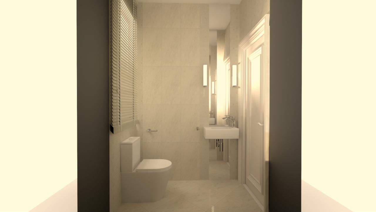 Nowoczesna łazienka z beżowymi płytkami, wiszącą umywalką i toaletą typu compact, oświetlona pionowymi lampami po bokach lustra, z żaluzjami w oknie.