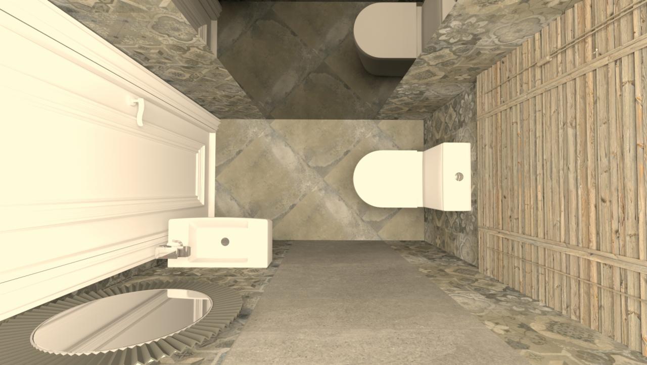 Wizualizacja łazienki z perspektywy sufitu, ukazująca umywalkę z lustrem, dwie toalety, drewnianą ścianę i wzorzyste płytki podłogowe.