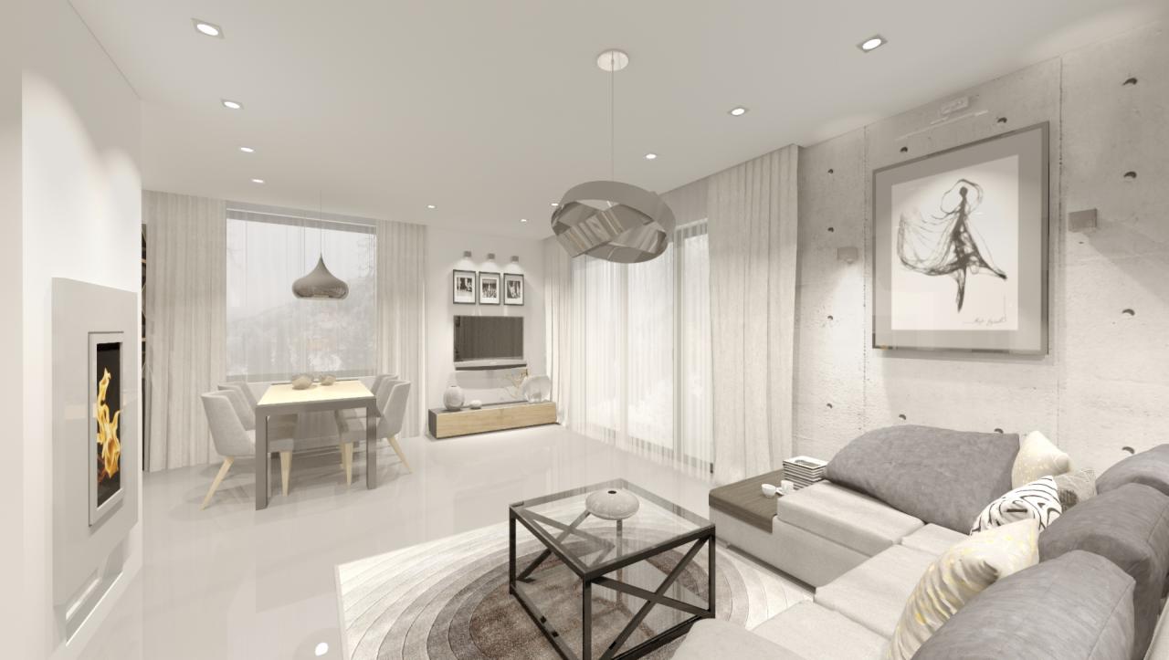 Wizualizacja jasnego salonu z jadalnią, betonowa ściana z obrazem, szara sofa modułowa z poduszkami, szklany stolik kawowy na okrągłym dywanie, białe zasłony i designerski żyrandol.