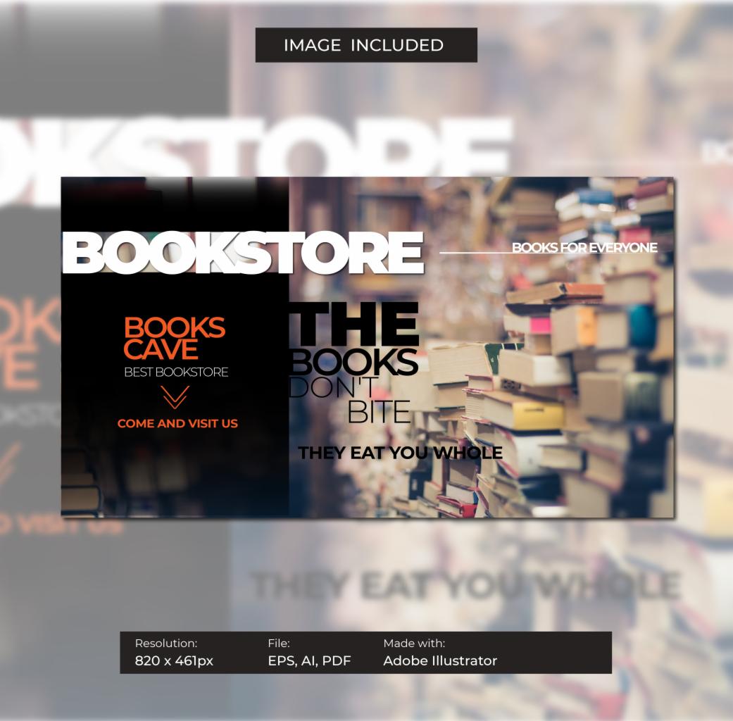 Projekt graficzny reklamy księgarni z hasłami 'Books for everyone' oraz 'The books don't bite, they eat you whole' na tle regałów pełnych książek.