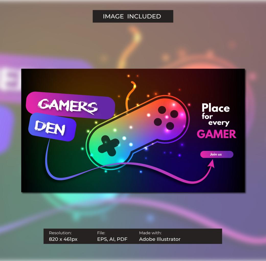 Grafika z napisem 'Gamers Den' i kontrolerem do gier w neonowych kolorach, stworzona w Adobe Illustrator.