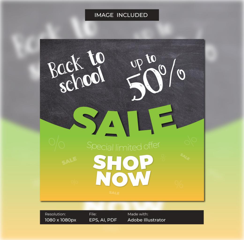 Grafika reklamowa z napisem 'Back to school up to 50% SALE', z gradientowym tłem przechodzącym od zieleni do żółci, stylizowana na tablicę szkolną.
