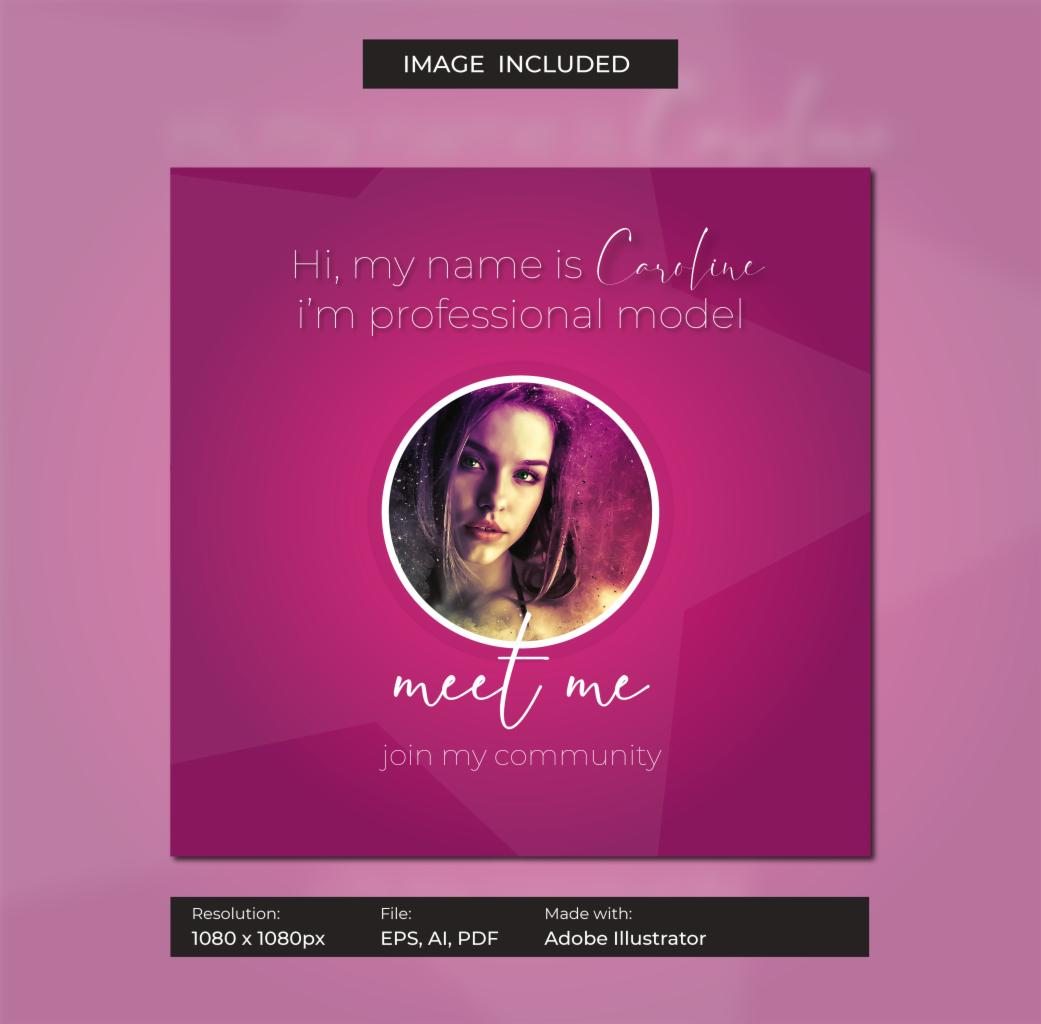 Fioletowa grafika z portretem kobiety w okręgu, napisem 'Hi, my name is Caroline, I'm professional model', 'meet me' i 'join my community', stworzona w Adobe Illustrator.