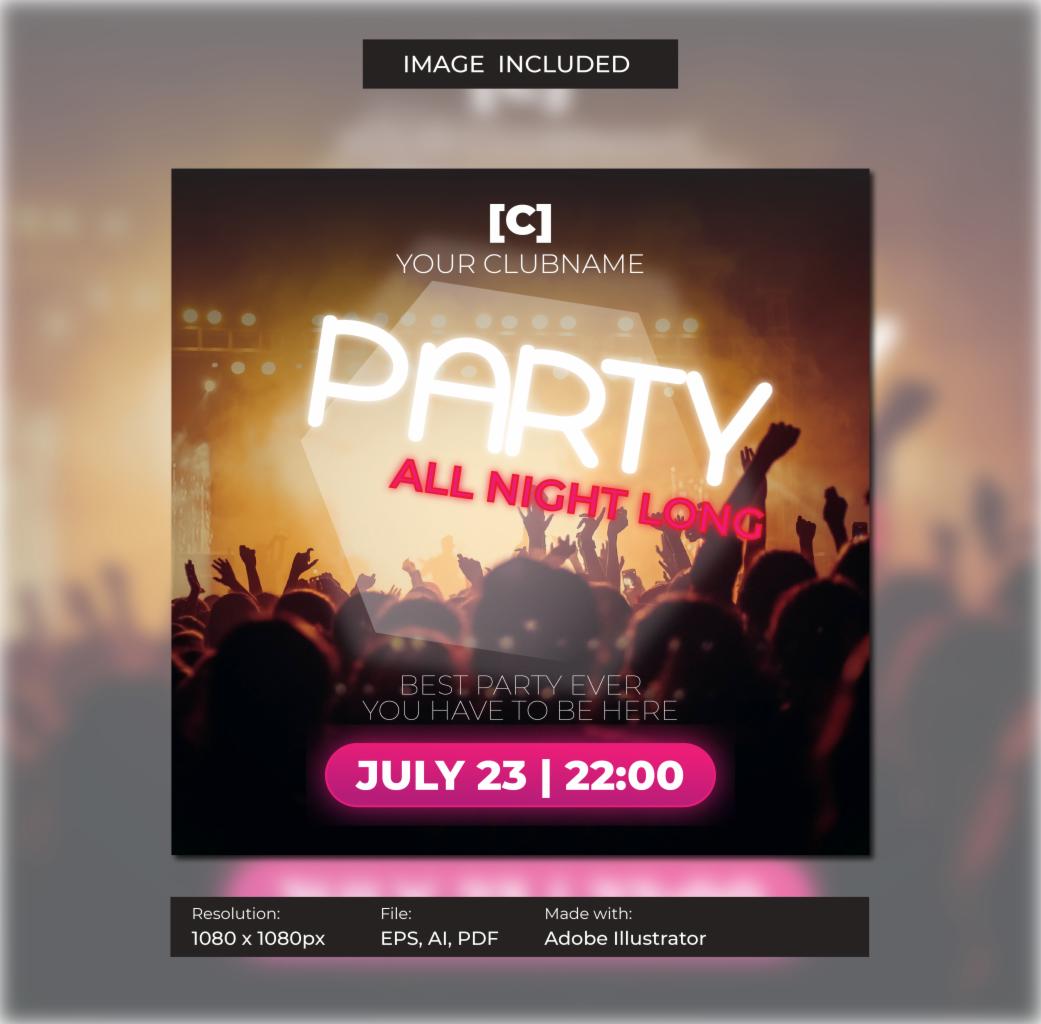 Grafika promocyjna klubu nocnego: tłum ludzi z podniesionymi rękami, neonowy napis 'PARTY ALL NIGHT LONG', data wydarzenia 'JULY 23 | 22:00', wykonana w Adobe Illustrator.