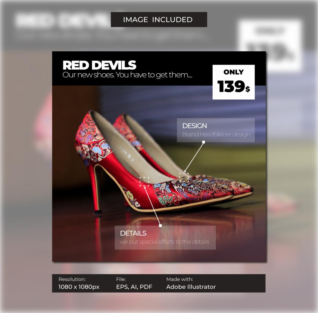 Grafika reklamowa przedstawiająca parę czerwonych szpilek z folkowymi wzorami, z hasłem 'RED DEVILS' i ceną 139$.