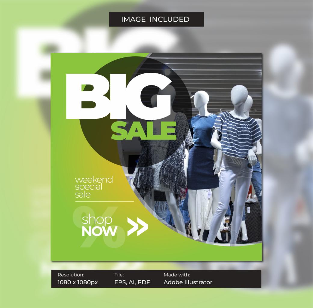 Grafika reklamowa: Duża wyprzedaż weekendowa, napis BIG SALE na zielono-białym tle, manekiny w tle, wezwanie do działania: Shop NOW.
