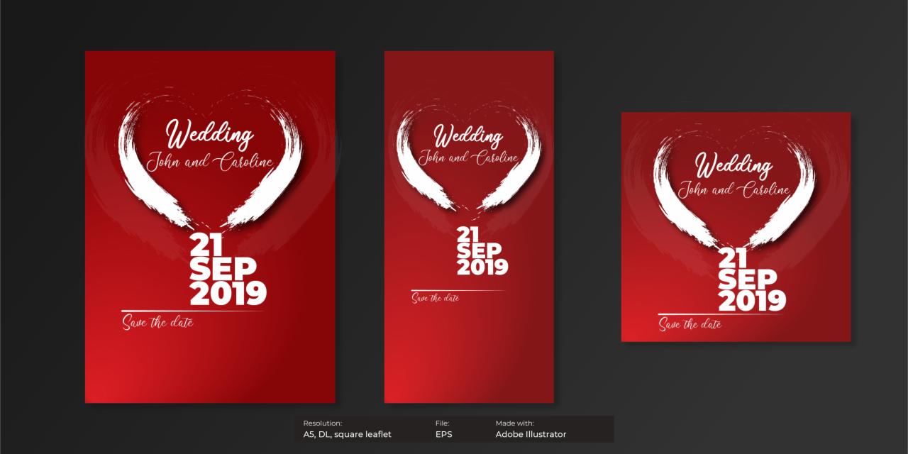Trzy warianty czerwonej kartki z zaproszeniem ślubnym z białym sercem, napisem 'Wedding John and Caroline' oraz datą 21 września 2019.