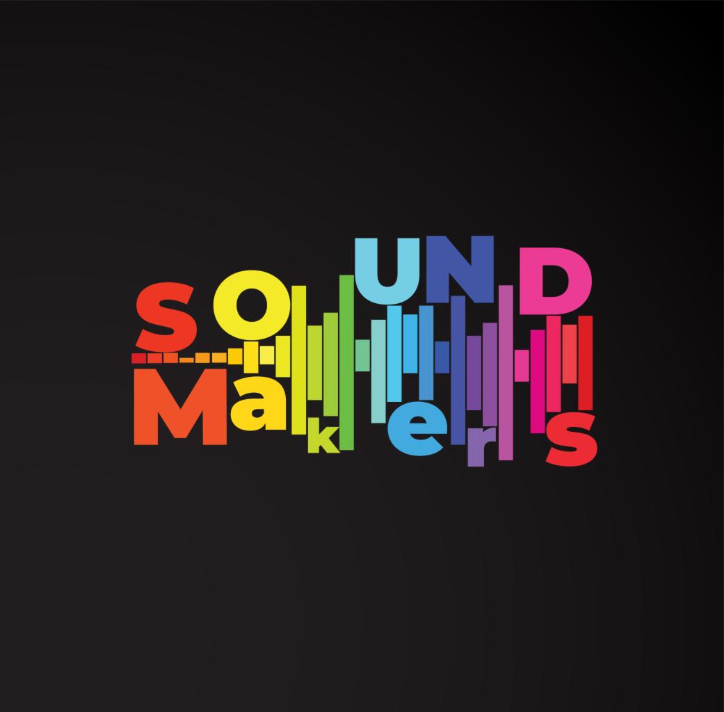 Kolorowe logo 'Sound Makers' na czarnym tle, z literami w formie słupków equalizera.